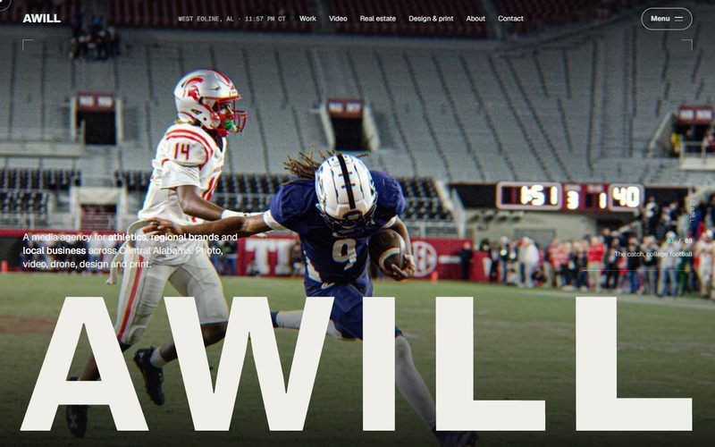 The AWILL home page with a football photo behind a large AWILL wordmark